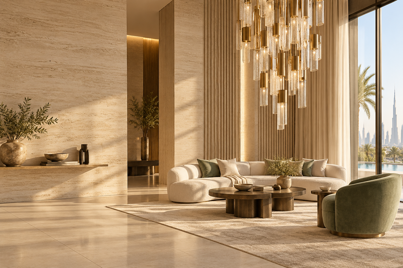 Interior inspiration featuring statement lighting and warm stone finishes